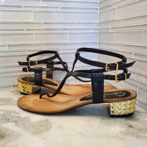 Jessica Simpson Thong Sandals Black Leather Gold Hardware LIKE NEW